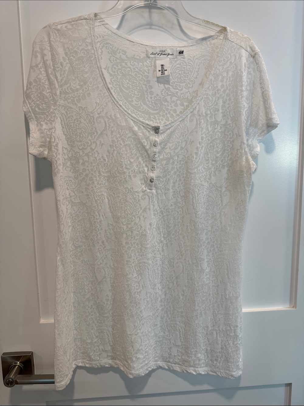 H&M White Short-Sleeve Paisley Henley Tee
